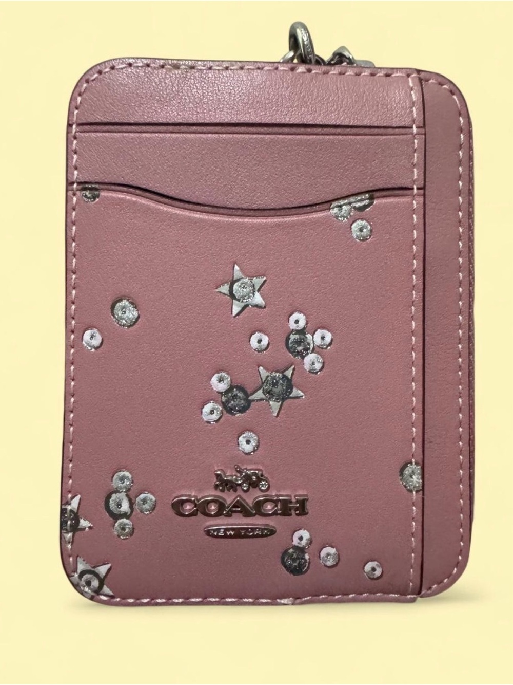 COACH Dusty Rose Star-Studded Leather Zip Card Case Wallet
